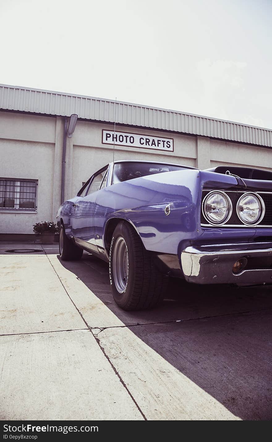 Blue Muscle Car Outside Photo Crafts Building