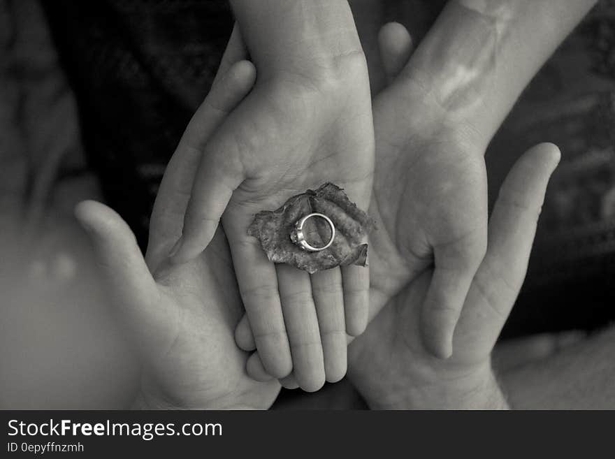 Person Holding Leaf and Ring in Grayscale