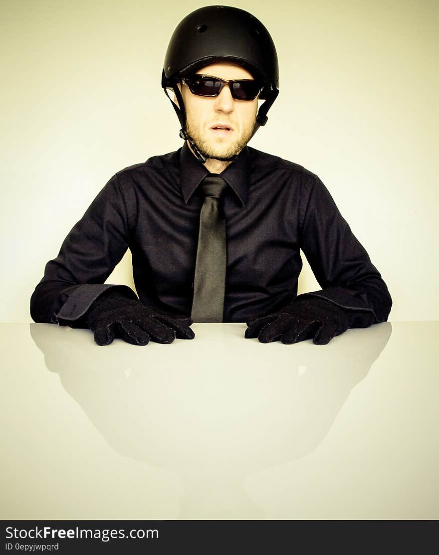 Man in Black Dress Shirt Wearing Half Helmet