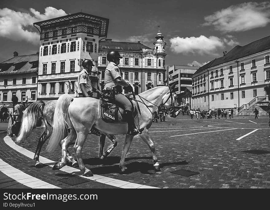 2 Man Riding a Horse in Gray Scale Photography