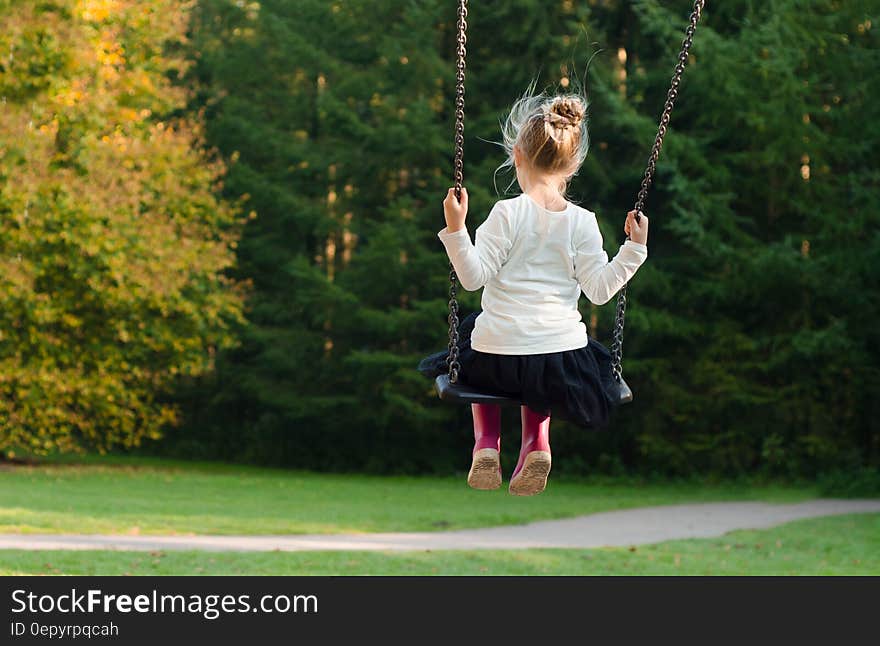 Girl in White Long Sleeve Shirt and Black Skirt Sitting on Swing during Day Time