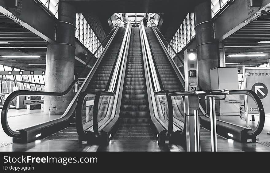 Black and white view looking to top of escalators in modern building. Black and white view looking to top of escalators in modern building.