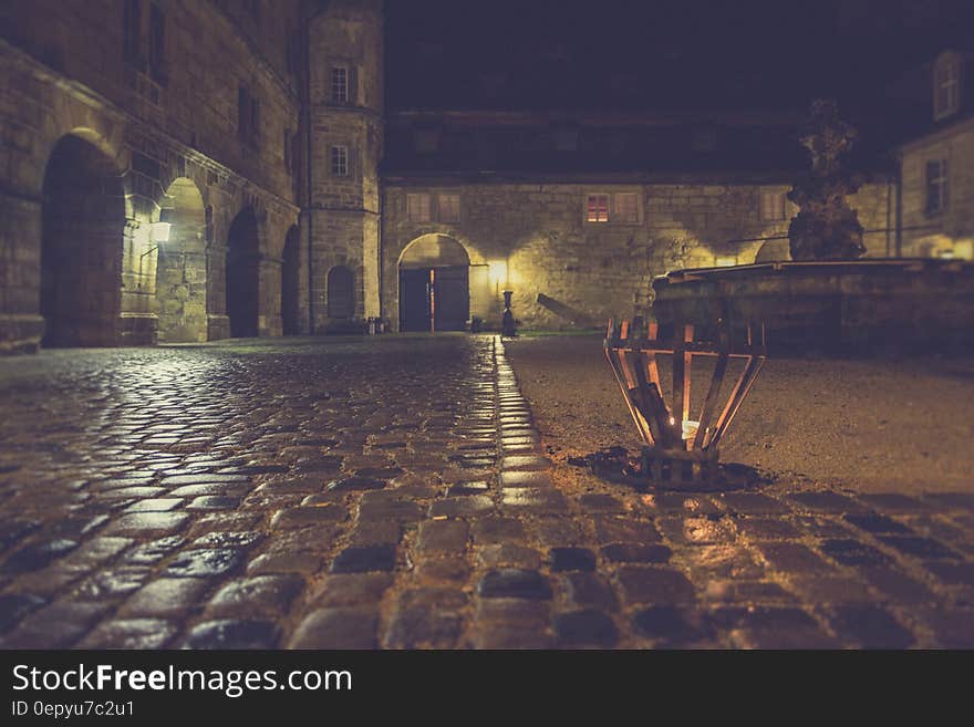 Brown Outdoor Lamp Beside Gray Stone Pavement during Nighttime