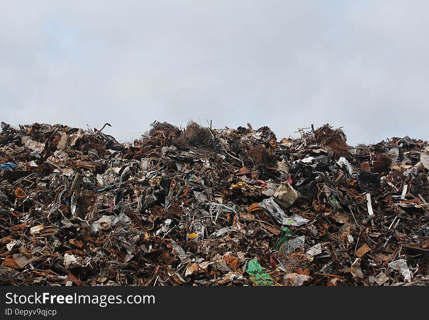 Trash dump landscape against cloudy white skies.