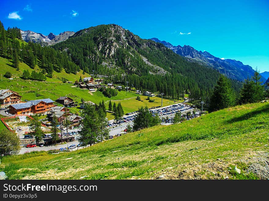 View of a small mountain village in Italy in summer.