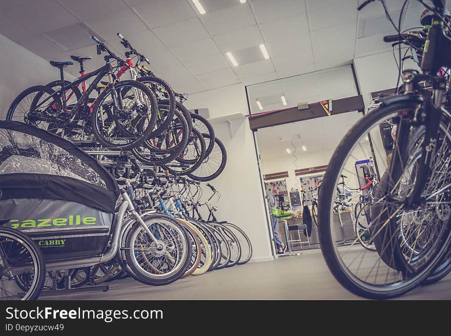 Bicycle Hanged and Piled on Bicycle Shop