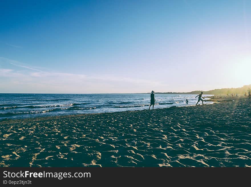 Children playing on sandy beach at sunrise. Children playing on sandy beach at sunrise.