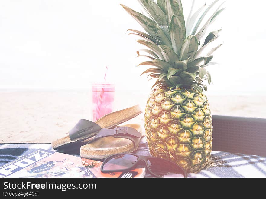 Pineapple with sandals and sunglasses on beach blanket on sunny day. Pineapple with sandals and sunglasses on beach blanket on sunny day.