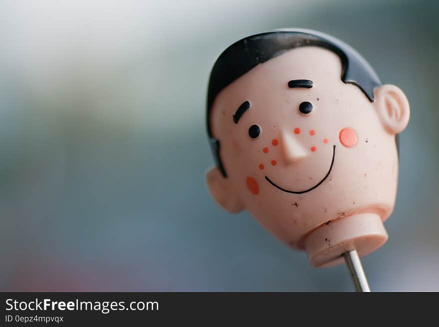 Close up of plastic male toy head on metal rod. Close up of plastic male toy head on metal rod.