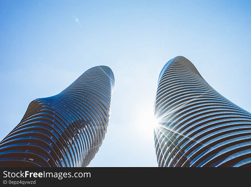 The Absolute World condominium buildings against the blue sky in Mississauga, Ontario, Canada. The Absolute World condominium buildings against the blue sky in Mississauga, Ontario, Canada.