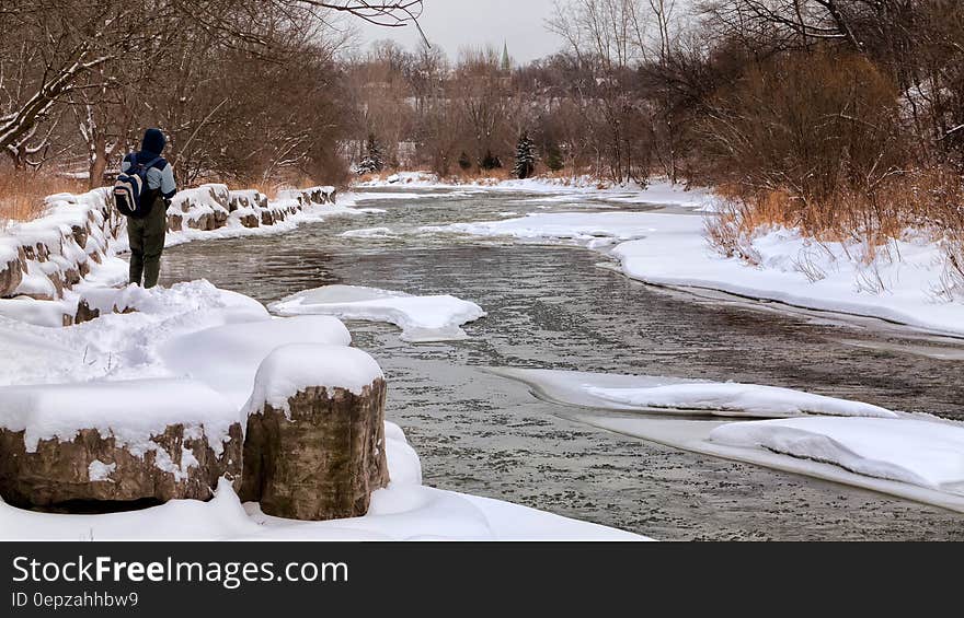 Man at the Side of Snowy River Surrounded Trees