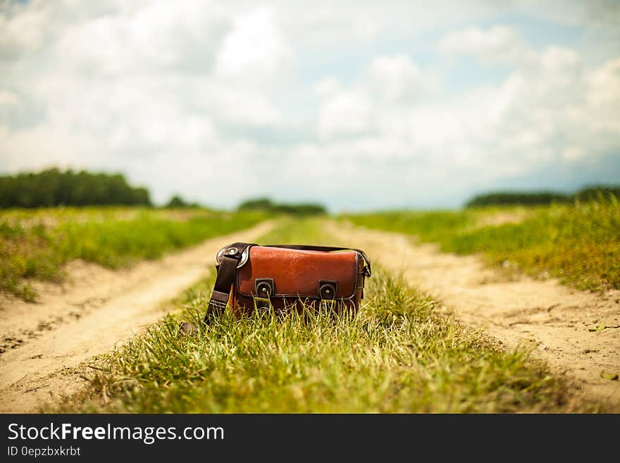 Close up of leather bag on grassy strip on dirt country road on sunny day. Close up of leather bag on grassy strip on dirt country road on sunny day.