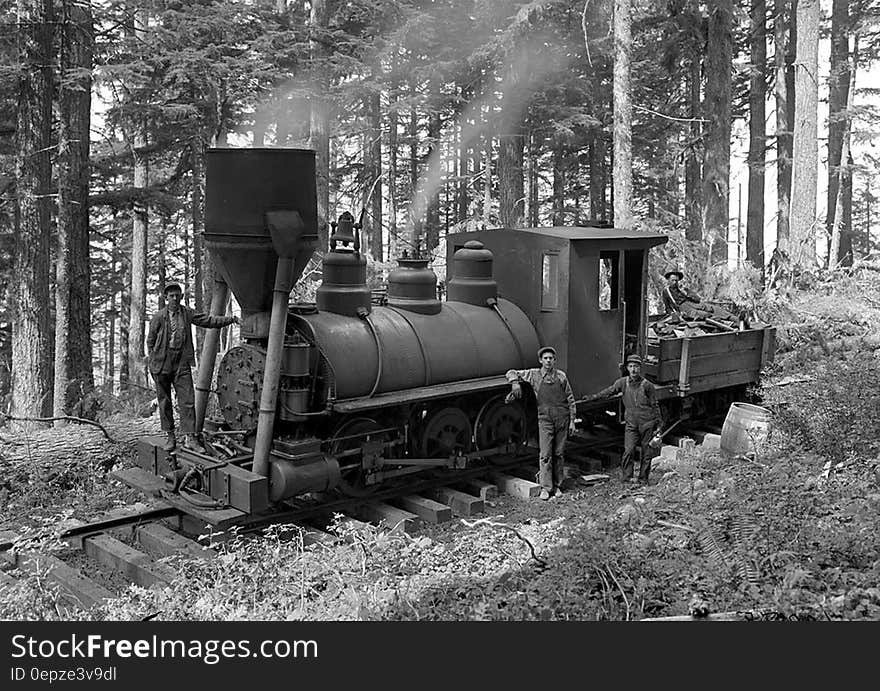 Greyscale Photography of 3 Person Beside Train on Forest