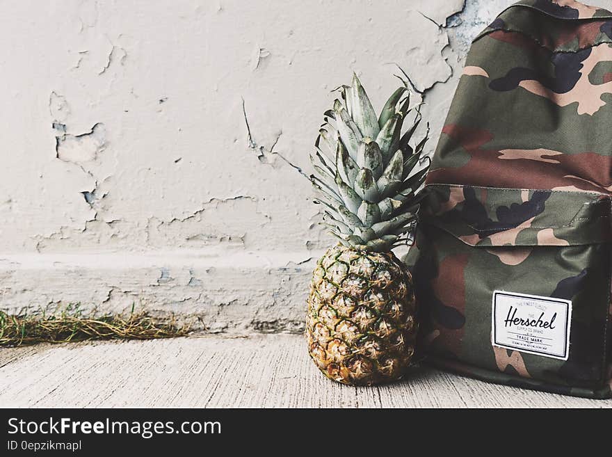 Camouflage backpack and fresh pineapple outdoors. Camouflage backpack and fresh pineapple outdoors.