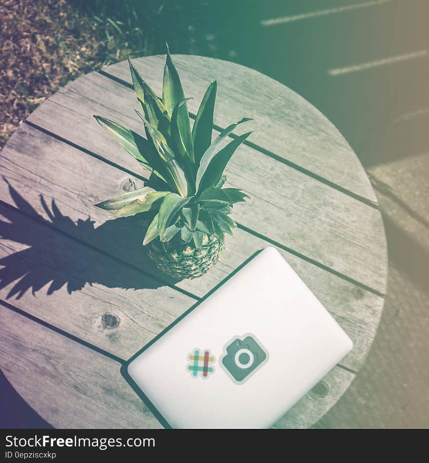 Pineapple Fruit Near White Laptop Computer on Brown Wooden Table