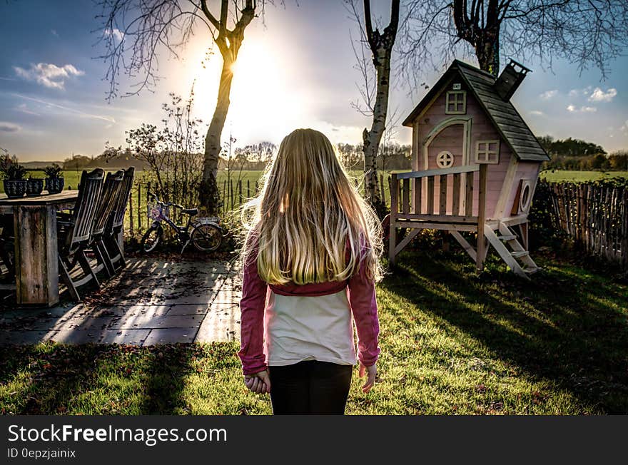 Rear view of young girl stood in garden looking at sunshine over countryside fields. Rear view of young girl stood in garden looking at sunshine over countryside fields.