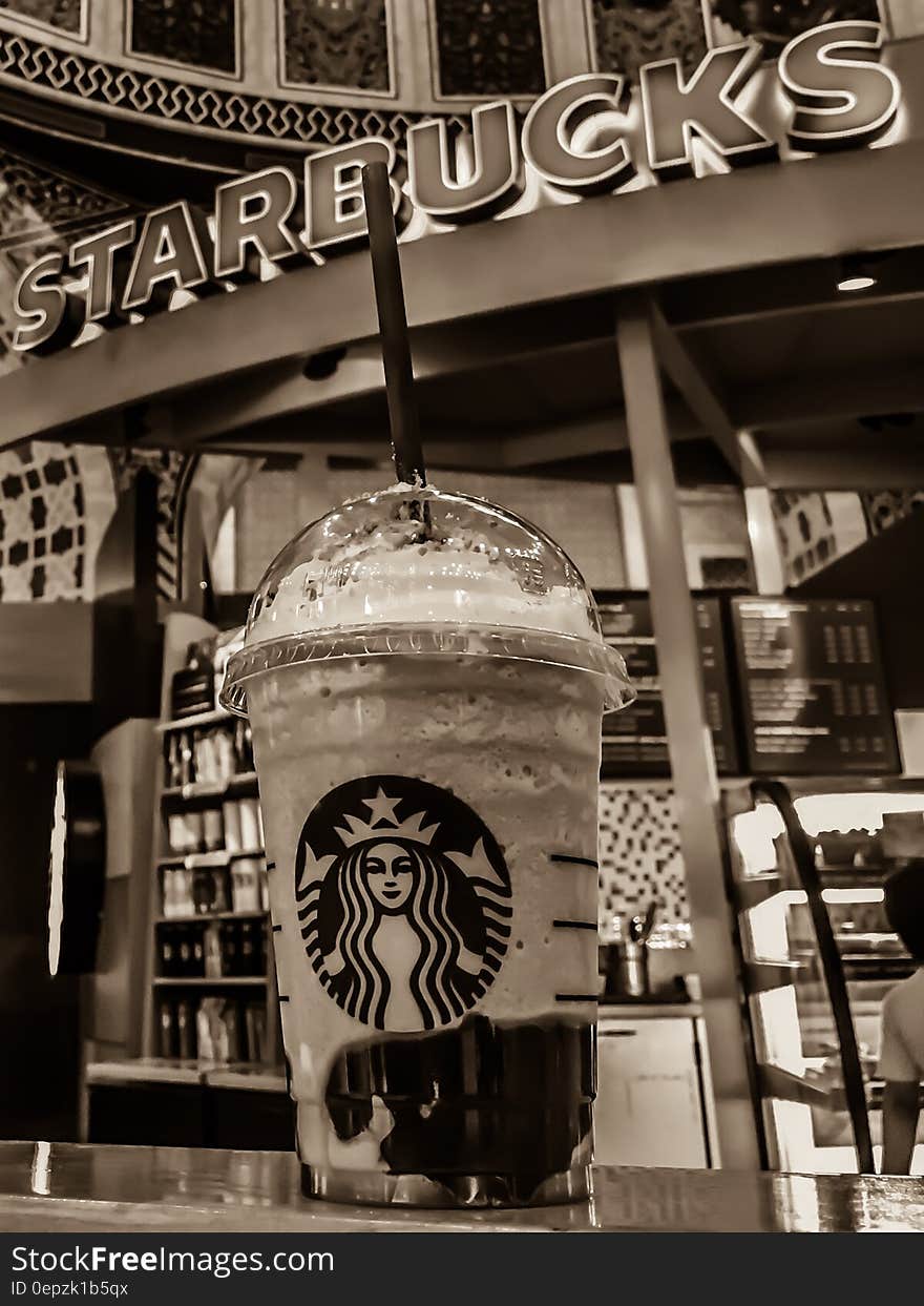 Starbucks Stall Grayscale Photo