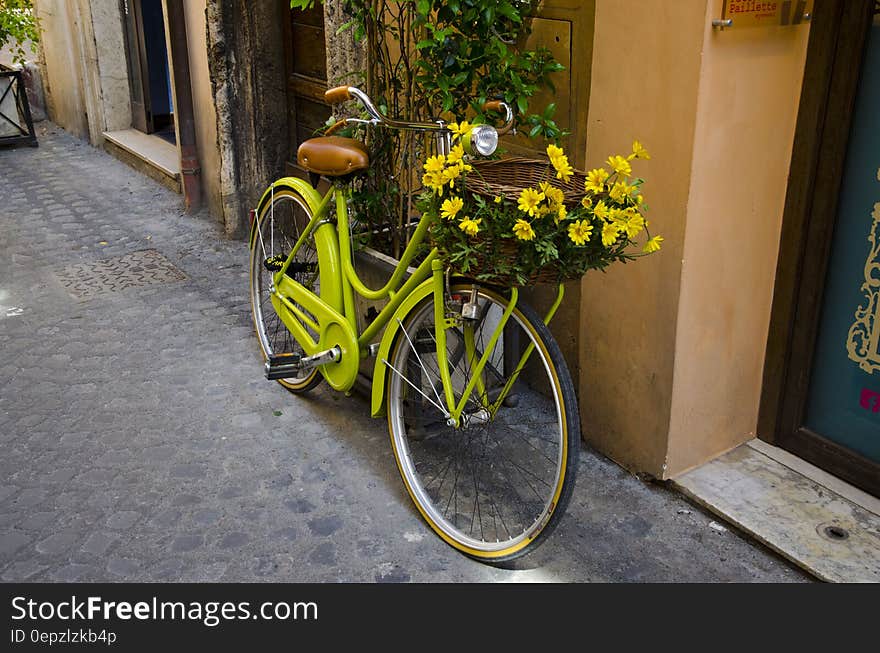 Green Cruiser Beach Bike With Yellow Flower on Basket