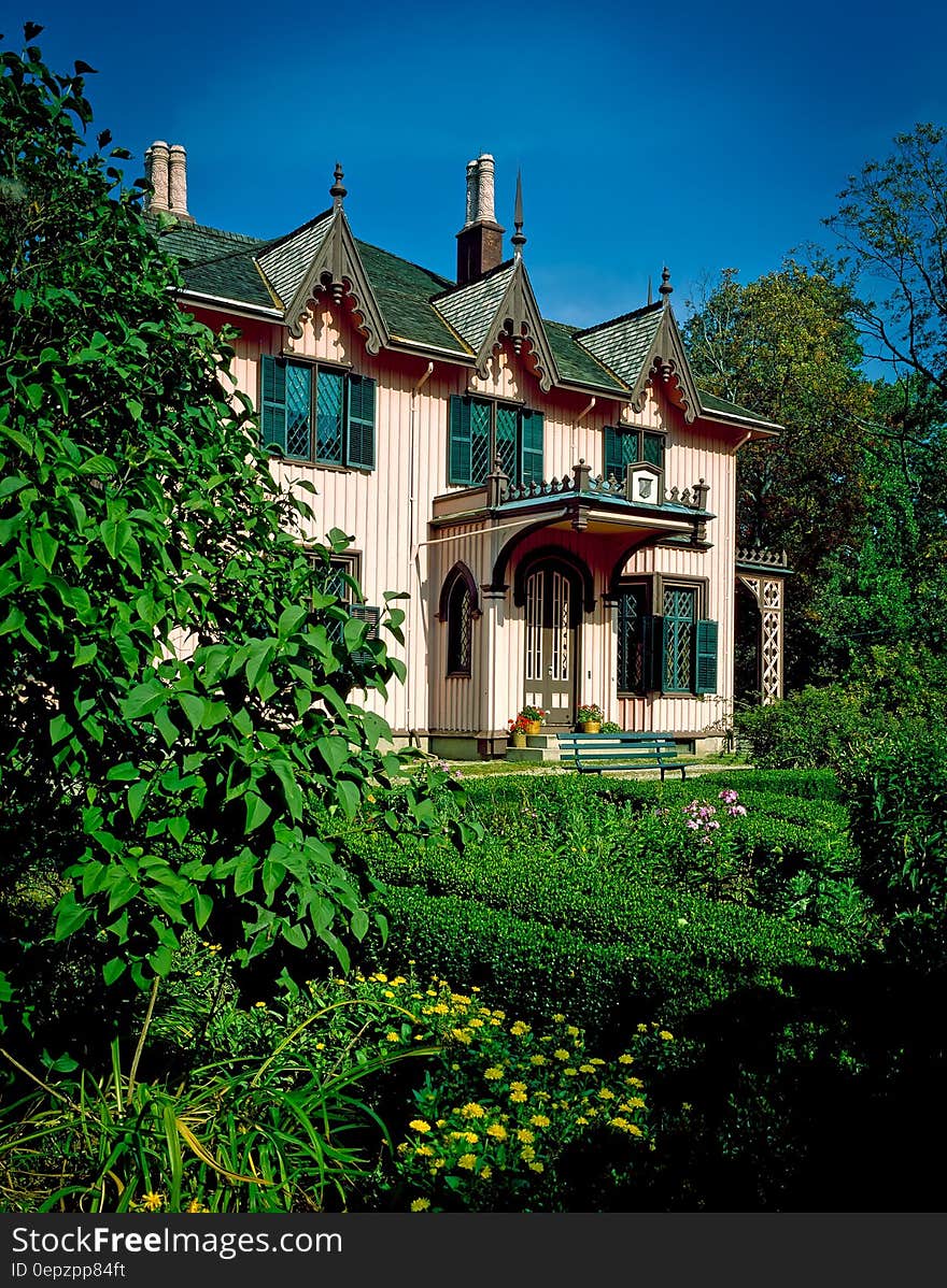 White and Green House With Hedge Garden Surrounded by Trees Painting