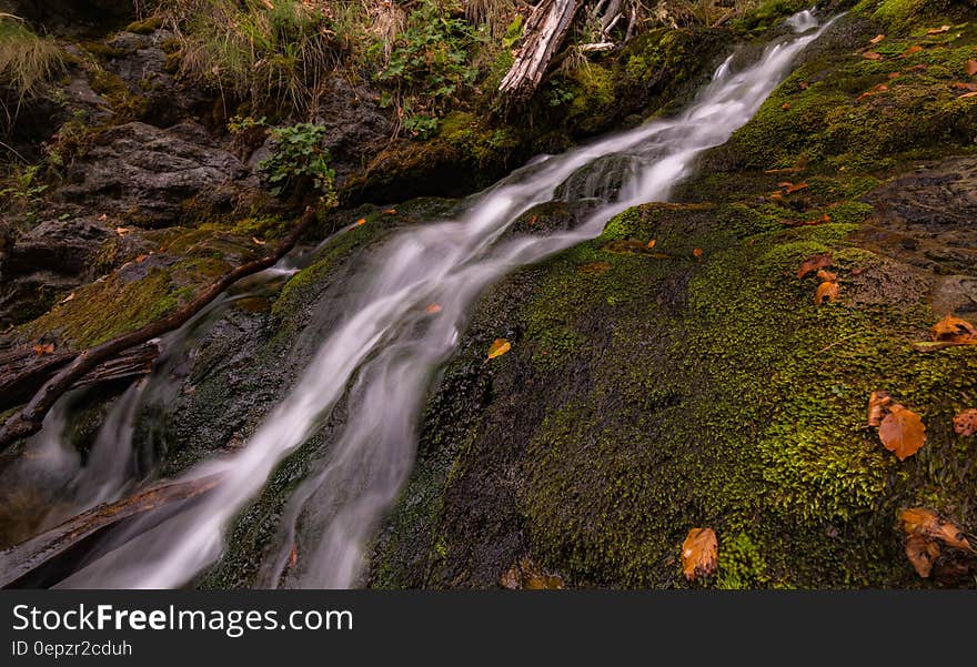 Green Mossy Rock Near on Waterfalls