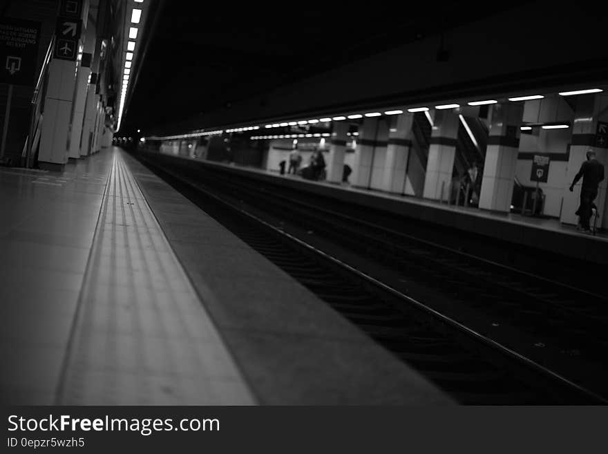 People Walking on Train Station Greyscale Photography