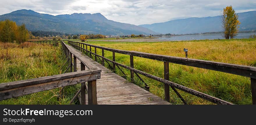 Brown Wooden Bridge Beside Green Grass Field