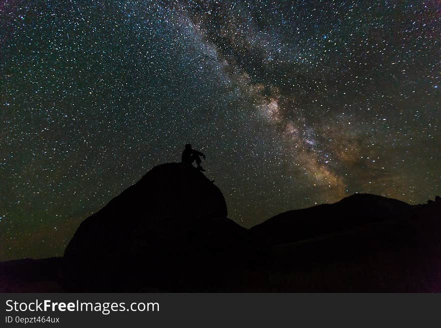 Silhouette of Person Sitting on Rock