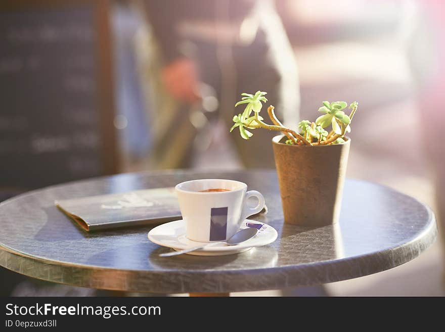 Cup of steaming coffee on small circular table placed next to a succulent plant in a tapered pot. Cup of steaming coffee on small circular table placed next to a succulent plant in a tapered pot.