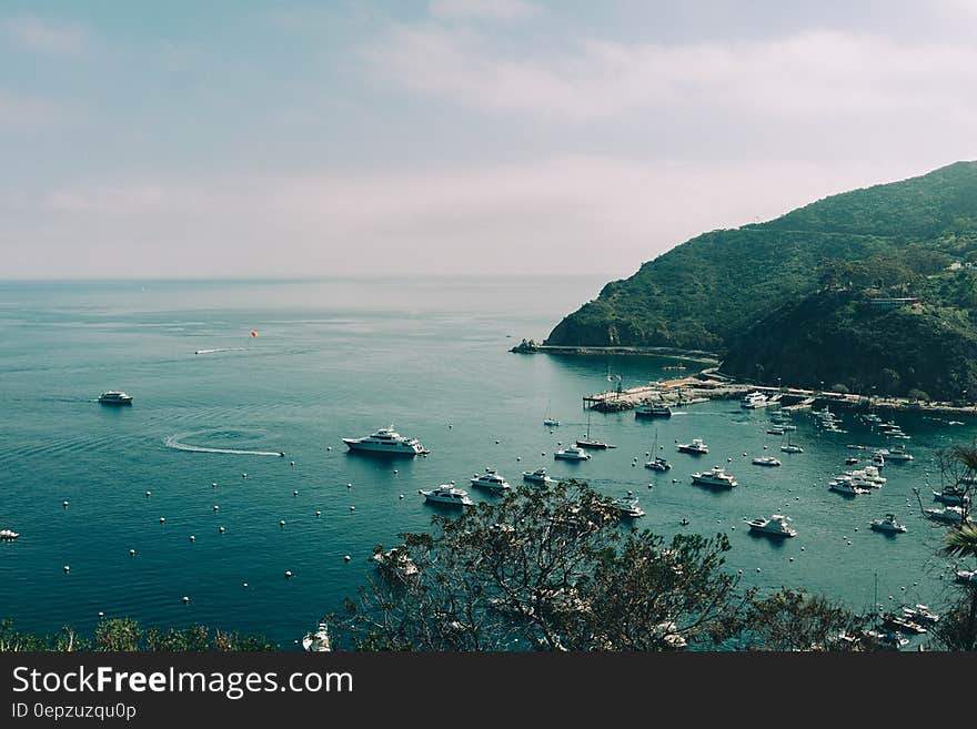 Aerial view of boats in harbor on sunny day.