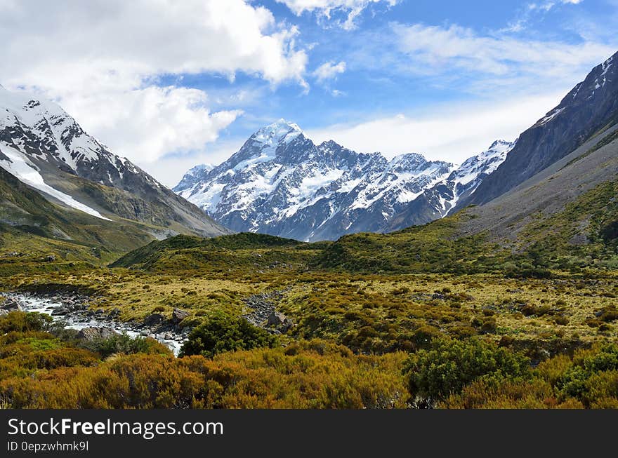 Green Trees Snowy Mountains during Blue Sunny Cloudy Sky