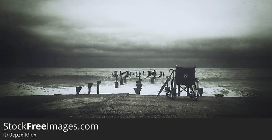 Grey Scale Photograph of Wheel Chair Near Water Sea