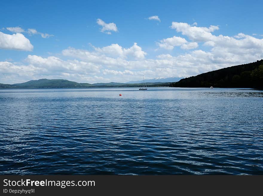 White Clouds and Blue Skies over Lake