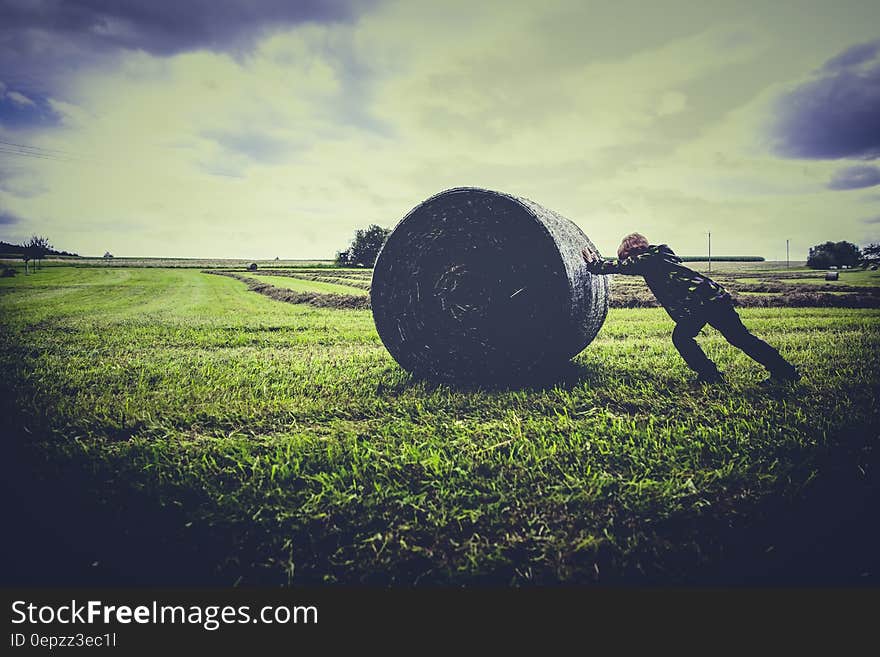 Person Pushing Gray Roll on Green Grass