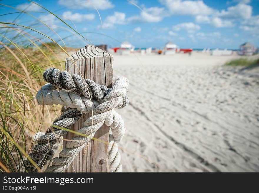 Close Up Photo of White Rope on Brown Wood