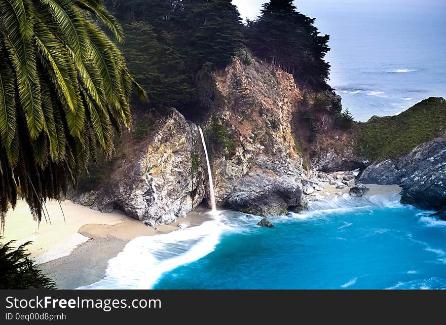 Blue Sea Near Brown and Grey Rock With Green Leaf Trees