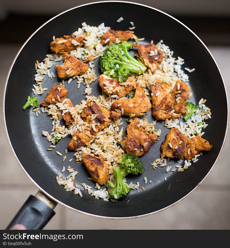 White Rice, Chicken and Broccoli on Black Non-stick Pan