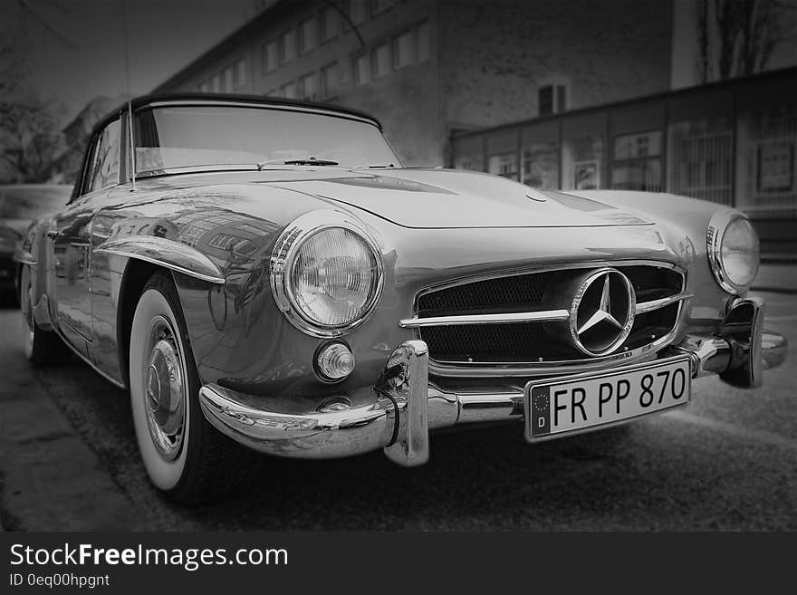 Grayscale Photography of Classic Mercedes Benz Car