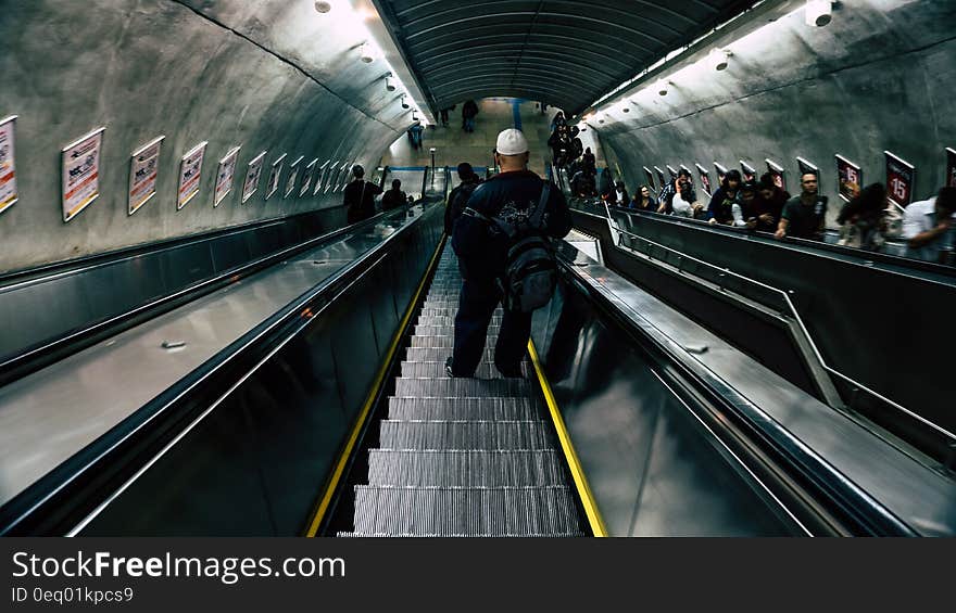 Man in Black Leather Jacket on Escalator