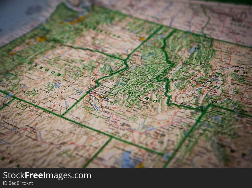 Close up of topological map of Pacific northwest USA.