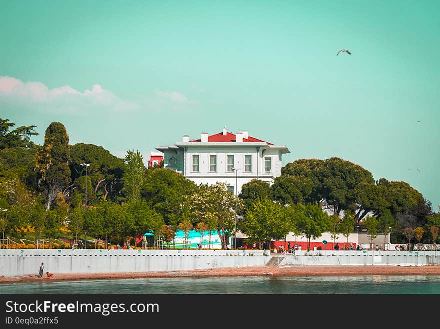 A white house with bright red roof on a coast. A white house with bright red roof on a coast.