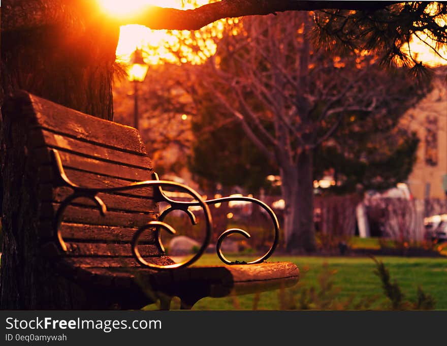 Brown Wooden Bench on Sunset