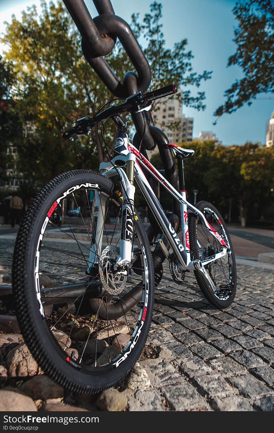 Low Angled Photo of Black Red and White Hardtail Bike