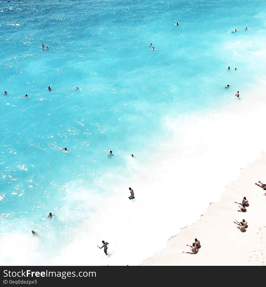 Aerial view of tourists swimming in the sea and relaxing on the beach. Aerial view of tourists swimming in the sea and relaxing on the beach.