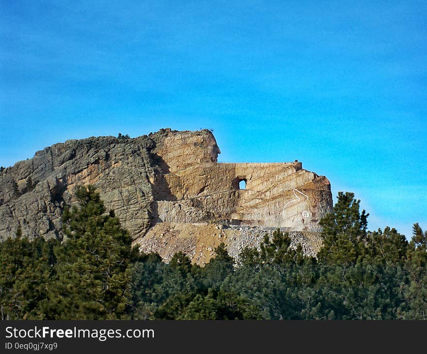 Green Tree Beside Beige and Grey Mountain Under Clear Blue Sky at Daytime