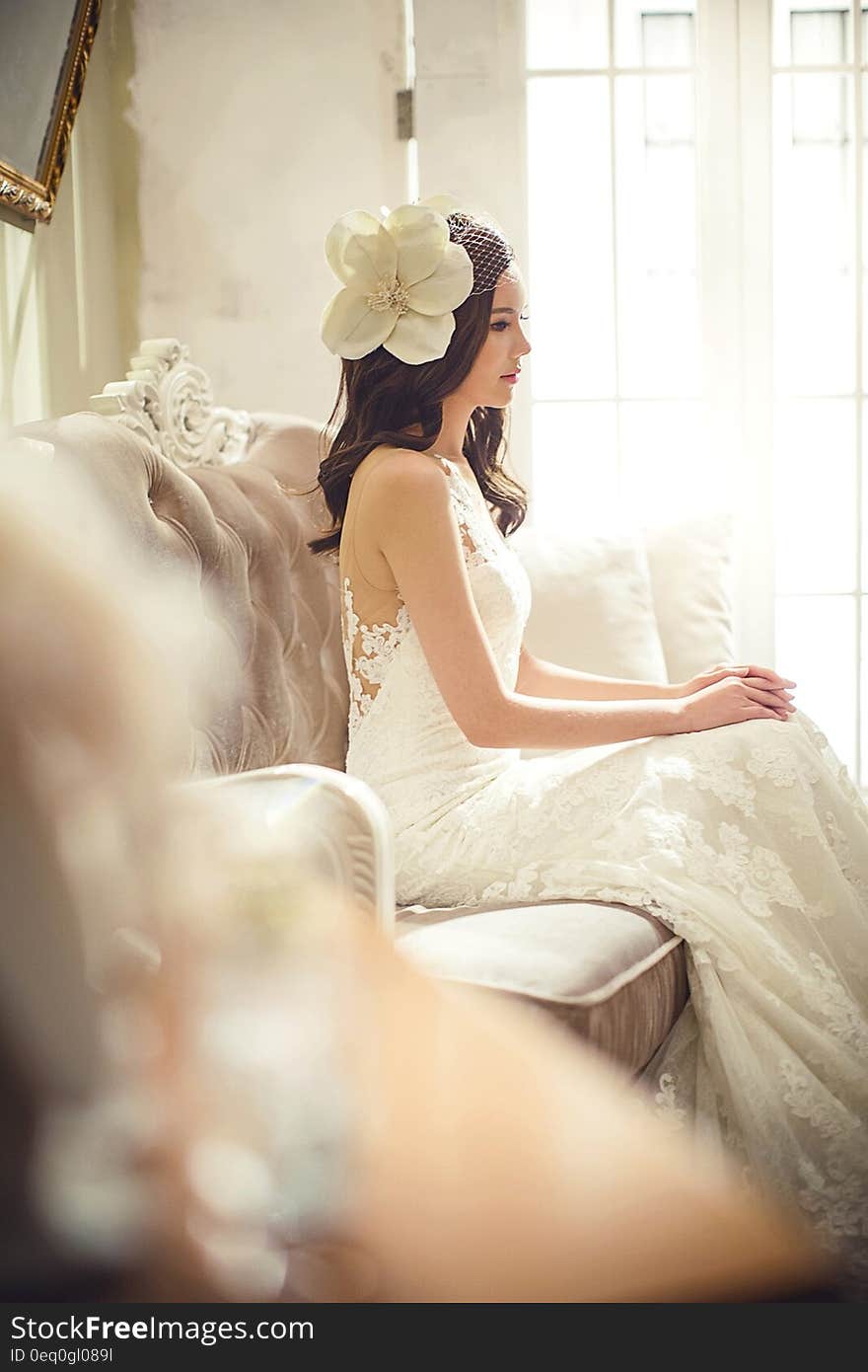 Woman in White Floral Wedding Dress