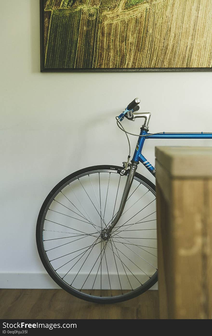 Blue sports bicycle leaning against a white wall in the entrance hall of an apartment or house. Blue sports bicycle leaning against a white wall in the entrance hall of an apartment or house.