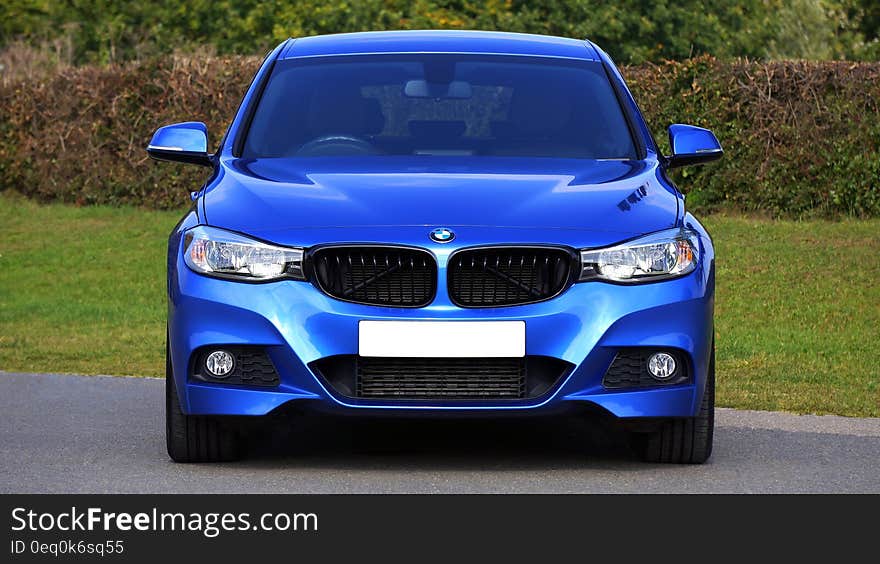 Blue Bmw Sedan Near Green Lawn Grass