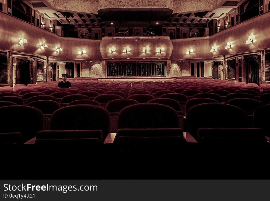 Person sitting inside opulent empty theater. Person sitting inside opulent empty theater.