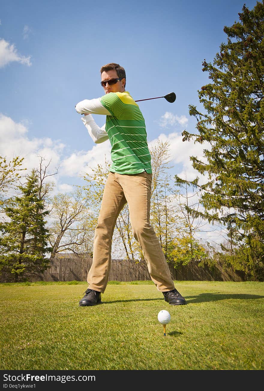 Man in Green and White Stripes Long Sleeve Shirt Holding Black Golf Club