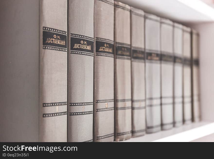 Row of encyclopedia volumes on wooden shelf. Row of encyclopedia volumes on wooden shelf.